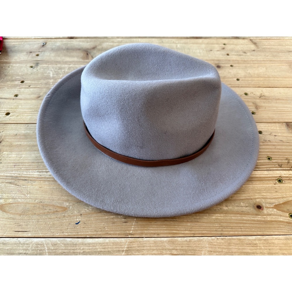 Free People Womens Lilac Wool Fedora Hat‎ Wide Brim Brown Leather Band OS